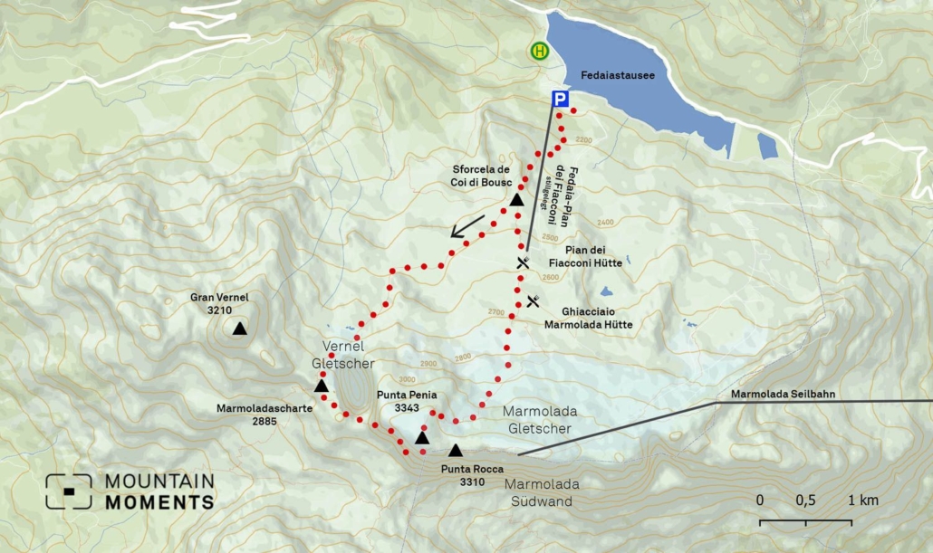 This is not an easy trip, but for more experienced hikers, Marmolada is a true treat. This map shows the 9.4km-long route.