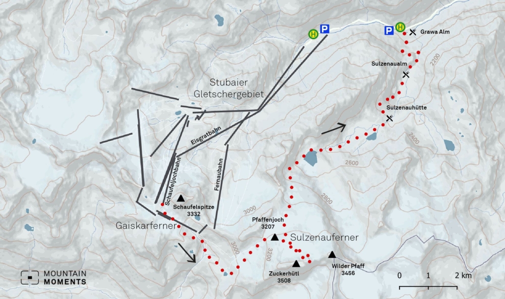 The last 150 meters of altitude over the ridge are to be covered on foot. Crampons are advisable here. Under certain circumstances, a rope can also be useful for belaying. Since the north face of the Zuckerhütl can only be skied very rarely, it is advisable to set up a ski depot here.
