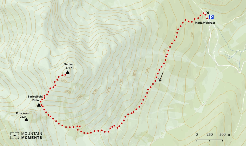 Alternative: if you want to do this hike without your own car, start at the Serlesbahn. From the mountain station along the reservoir and straight ahead (south) follow the signs to Maria Waldrast. Over the saddle and along the road to Maria Waldrast and continue following the description. 