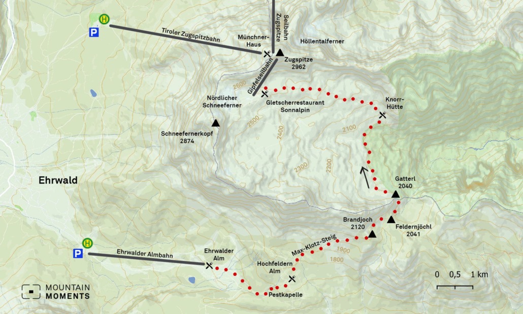 Alternatively, you can climb a via Ferrata from the Zugspitzplatt to the Zugspitze mountain station, as well as the few meters from the mountain station to the summit cross.